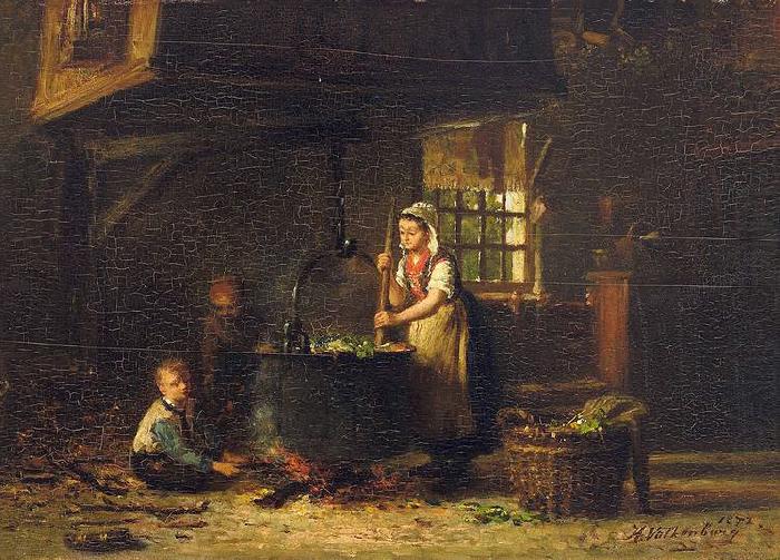 Hendrik Valkenburg An old kitchen with a mother and two children at the cauldron china oil painting image